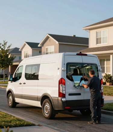 A clean, white mobile service van with professional branding parked on the side of a modern North American suburban street. A technician is seen at the back of the van organized with glass repair equipment. The scene is bathed in warm, natural morning light with a clear light blue sky.