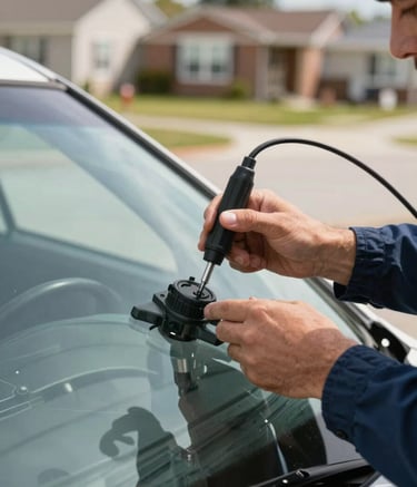 A close-up photograph of a professional technician's hands applying a precision tool to a vehicle's windshield in a bright, North American outdoor setting. The lighting is crisp and clear, highlighting the transparency of the glass. The technician wears a dark blue uniform sleeve. The background is a soft-focus residential neighborhood.