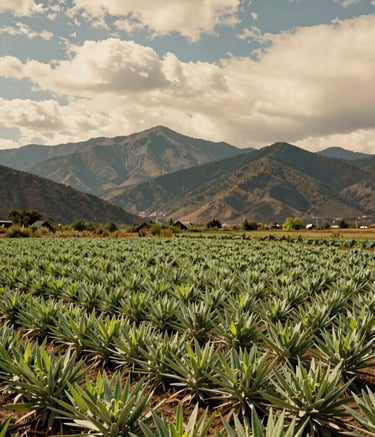 A wide, landscape photograph of a traditional medicinal herb garden at the foot of a mountain range. The scene is dominated by vibrant sage green foliage and warm cream clouds in a calm sky. Clean, modern aesthetic with a warm, inviting heritage feel.