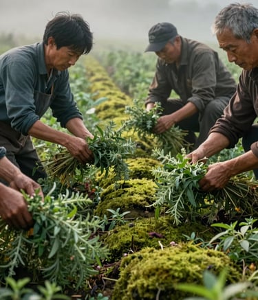 A focused shot of local farmers' hands carefully harvesting medicinal herbs in a lush, misty field. The color palette features deep forest green and soft moss green. The lighting is soft, natural morning light, conveying a sense of earthy professionalism and community heritage.