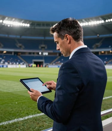 An over-the-shoulder shot of a sports administrator in professional attire looking at a digital tablet on a football pitch sideline, evening stadium lighting with Deep Blue and Steel Blue tones, Hispanoamericano / Global setting.