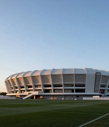 A clean wide-angle shot of a modern football stadium exterior with sharp architectural lines against a Sky Blue morning sky, capturing a sense of professional excellence and scale, Hispanoamericano / Global.