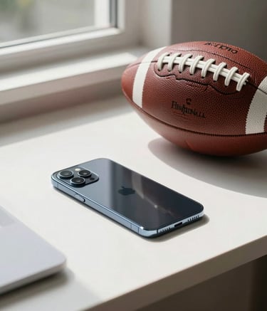 A high-end smartphone resting on a minimalist white desk next to a modern leather football, soft natural sunlight from a window, professional atmosphere, Hispanoamericano / Global.
