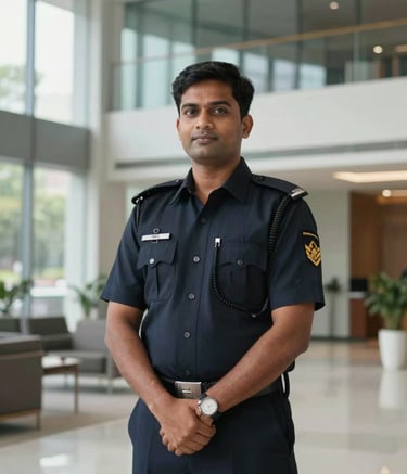 A professional security supervisor wearing a dark navy uniform, standing confidently in a modern South Asian / Indian corporate office lobby with glass walls and clean architecture. Natural soft lighting, focused on reliability and authority.