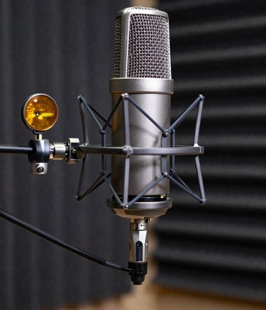 A high-end broadcast microphone mounted on a professional dark gray shock mount, detailed texture of the metal mesh and amber tally light, set against a dark acoustic studio background in Chinese / Mainland China, sharp focus, technical professional photography.