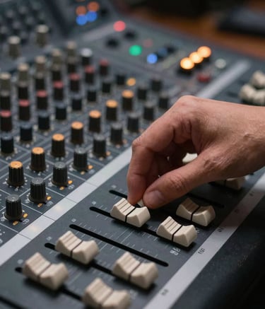 Close-up of a precision audio engineer's hand adjusting a high-end fader on a dark gray mixing console, illuminated by soft amber task lighting, technical control room setting in Chinese / Mainland China, photography style is crisp and detailed with a shallow depth of field.
