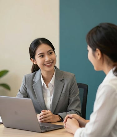 A supportive consultant in a professional Southeast Asian / Thai office setting, sitting at a desk with a laptop and smiling warmly while talking to an educator, a bright and trustworthy atmosphere with Warm Ivory walls and Deep Teal accents.