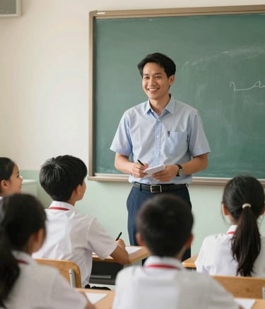 A professional international teacher in a bright, modern Southeast Asian / Thai classroom, engaging with smiling students during a lesson, soft natural lighting, incorporating Pale Sage Green and Warm Ivory tones in the environment.