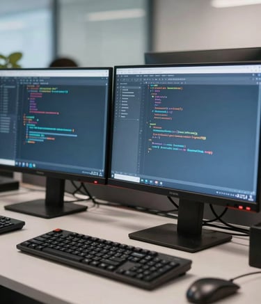 Close-up of a high-tech programming workstation in a Middle Eastern / Gulf corporate building. Multiple monitors show clean code. Palette features Muted Steel Blue and Soft Sky Blue lighting. Professional and sophisticated atmosphere.