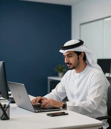 A professional programmer in a sleek modern Middle Eastern / Gulf office environment. He is working on a high-end laptop. The room is minimalist with accents of Dark Navy Blue and Pale Misty White. Soft, natural morning light.