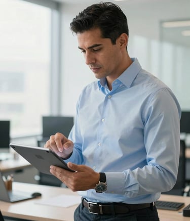 A professional Latin American security consultant in a clean, modern office, reviewing a security interface on a tablet, bright natural light, professional attire, reflecting a mood of trust and sophistication.