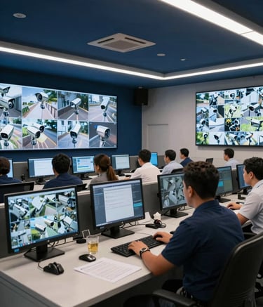 A high-tech surveillance control center in a modern Latin American city building, professional monitors showing crisp security camera feeds, sophisticated indoor lighting with deep navy blue and off white tones, professional atmosphere.
