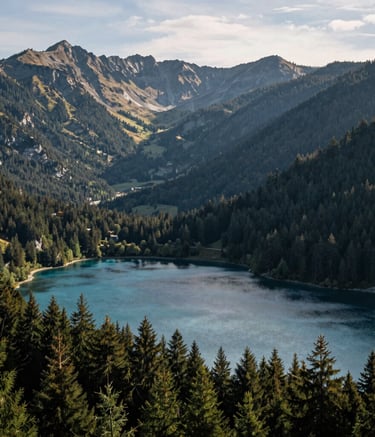 A wide, atmospheric shot of a serene mountain landscape in the European Alps, featuring a crystal-clear blue lake and dark green pine forests under a soft, morning light. The style is professional landscape photography with a calm, trustworthy mood.