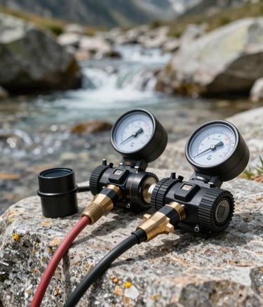 A close-up of professional leak detection equipment, including acoustic sensors and meters, placed on a natural stone surface near a mountain stream in the French Alps. The lighting is crisp and natural, highlighting the contrast between the technical gear and the organic environment.