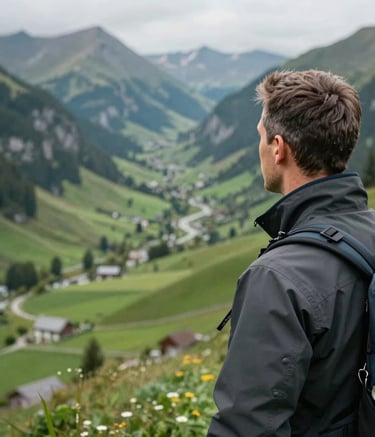 A professional portrait of a water specialist looking at a landscape, showing only the back and side, wearing technical gear, with a backdrop of a vast, emerald green valley in a European mountain region.