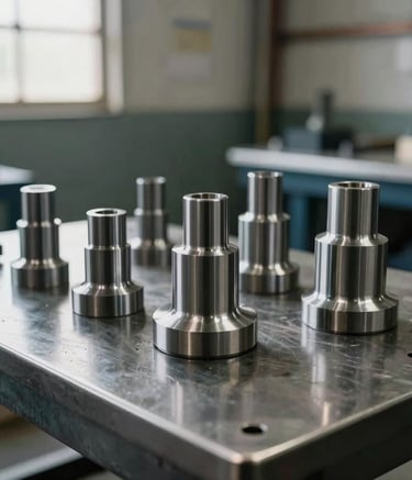 Close-up of precision turned metal parts on a heavy steel table in a South American / Brazilian industrial facility. Natural window light reflecting off polished surfaces with Steel Gray tones.