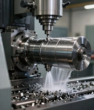 A high-precision CNC lathe machining a large metal cylinder, coolant fluid spray and sharp metal shavings, South American / Brazilian industrial workshop setting, Steel Gray and Dark Gray colors.