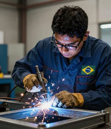A focused technician in South American / Brazilian industrial uniform performing precision welding on a metal frame, sparks and blue light, modern workshop background with Dark Blue and Steel Gray accents.