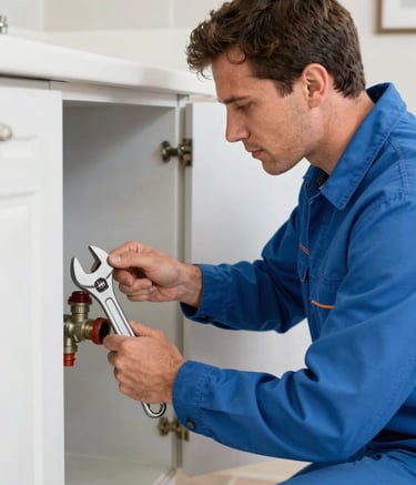 A professional plumber in a North American / US - Florida home, wearing a Sky Blue uniform, using a professional wrench to inspect a main water line in a clean utility area. The lighting is bright and reassuring, showing professional tools and expertise.