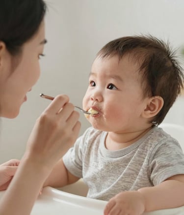 A smiling mother gently holding her baby while sitting in a softly lit nursery with pastel colors.