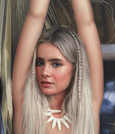 Portrait of a blonde woman with braided hair and a shell necklace against palm leaves.
