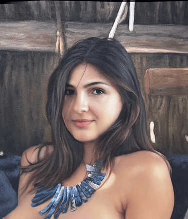 A realistic oil painting of a woman with dark hair wearing a blue stone statement necklace.