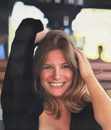 Oil painting of a smiling woman with wavy hair posing against a blurred city light background.