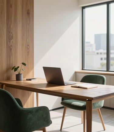 A bright, modern Scandinavian-style office in a North American / Mexican city. A wooden desk with minimal decor, a laptop, and a notebook. Soft natural light illuminates the room, featuring clean lines and furniture in tobacco brown and forest green accents.