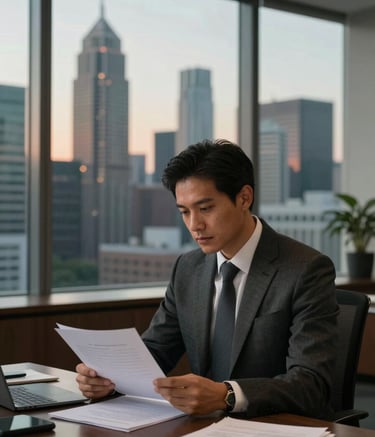 A professional in a high-end corporate office in a North American / Mexican business district. The professional is dressed in business attire, looking at documents with a strategic focus. The background shows a world-class skyline at dusk with forest green and tobacco brown interior tones.