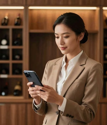 Professional South American attendant in a refined office setting, holding a sleek smartphone, with a background of premium wooden wine shelves, warm amber lighting, sophisticated and reliable mood, muted brown and tan color palette.