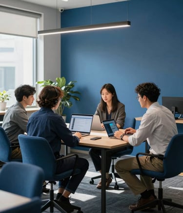 A professional team of app developers collaborating around a table in a sleek, sunlit North American / US corporate office. The space features alice blue walls and deep blue furniture accents.