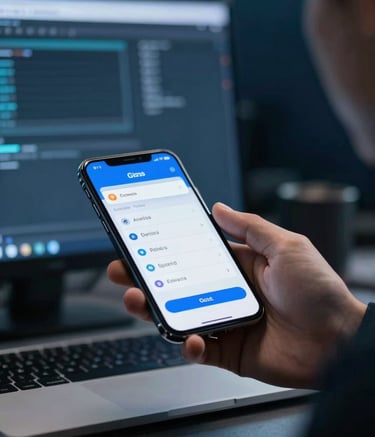 A software engineer testing a mobile application on a high-end device in a modern North American / US tech hub. The lighting is sophisticated, with hints of steel blue and dark navy in the background.
