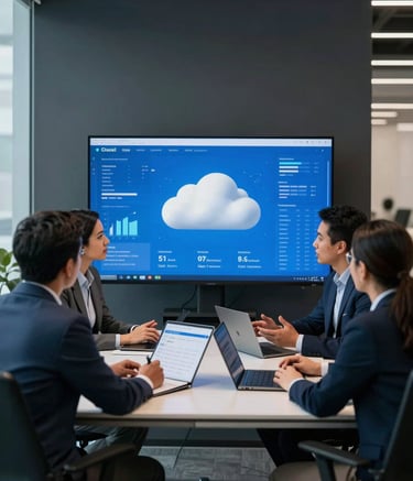 A group of professionals in a modern Latin American / Hispanic corporate office discussing IT strategies around a large monitor showing cloud metrics, sky blue and dark charcoal office accents, professional studio lighting, high-end photography.