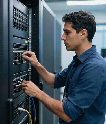 A focused professional in a Latin American / Hispanic server room environment, checking high-tech networking equipment, ocean blue lighting, modern and clean industrial aesthetic, sharp focus photography.