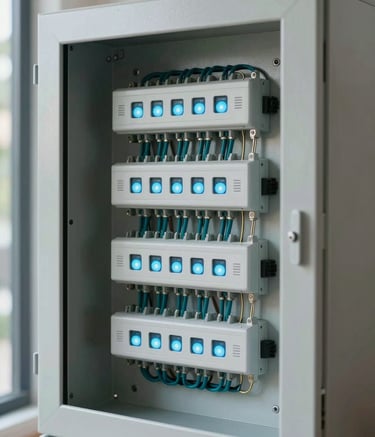 A detailed shot of a modern, clean electrical control panel inside a Middle Eastern / Turkish smart home. The composition is professional and sharp, featuring muted teal wiring and soft sky blue indicators against a light gray metal casing. Natural daytime lighting.