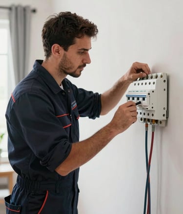 A professional electrician wearing a dark navy uniform while working on a residential circuit breaker in a modern Middle Eastern / Turkish apartment. The scene is bright and clean, conveying a sense of trust and efficiency.