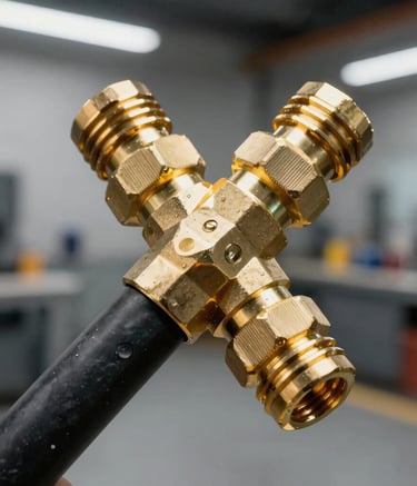 Detailed photography of a heavy-duty hydraulic hose with polished Gold brass fittings. The texture of the black rubber and the metallic sheen are prominent, set against a modern Jerusalem workshop backdrop with shallow depth of field.
