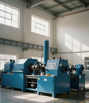 Photography of a clean, modern Jerusalem industrial facility interior. Steel Blue machinery contrasts with Off-white walls as Middle Eastern / Israeli sunlight filters through large factory windows. Authoritative and professional atmosphere.