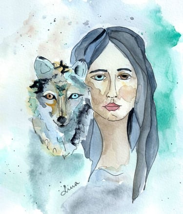 Watercolor woman and wolf illustration symbolizing intuition, feminine energy and spiritual connecti