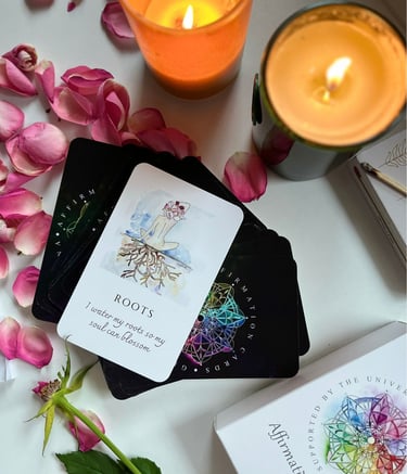 Affirmation cards with candles and flowers for mindful rituals and spiritual self-care