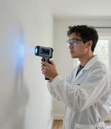 A professional environmental technician in a white safety uniform using a thermal imaging camera to detect moisture inside a bright North American / US (Florida) home, clean and high-trust atmosphere, soft blue accents.