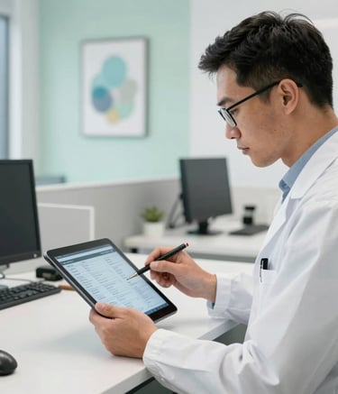 A clean, bright workspace featuring a professional mold inspector reviewing digital reports on a tablet in a modern Orlando office, with light green and soft blue decorative elements in the background.