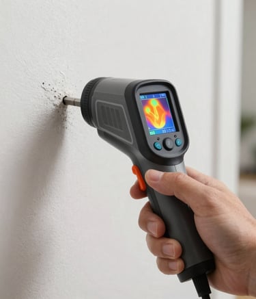 Close-up of a specialized mold inspection tool, a thermal imaging camera, held by a professional in a Florida residential setting. The screen shows heat signatures indicative of moisture behind a wall. Clean, sharp focus.