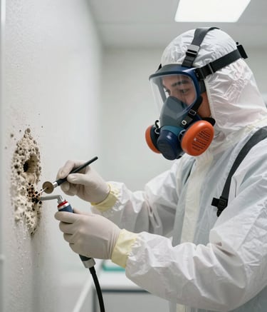 A technician wearing full protective North American / US / Florida safety gear and an air respirator performing mold containment in a bright, modern room. Professional lighting, emphasizing a clean and clinical restoration process.