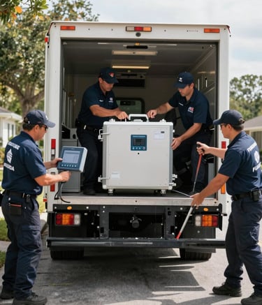 A rapid response mold remediation team in North American / US / Florida uniform unloading high-grade moisture detection equipment from a professional service truck in an Orlando suburb. Daylight, action-oriented composition.