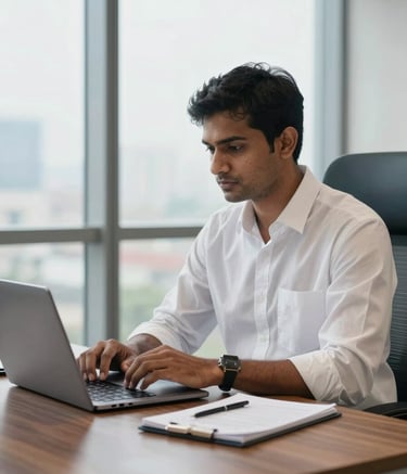 A focused South Asian professional in a crisp white shirt working at a sleek wooden desk in a modern office in Mumbai. The lighting is bright and natural, coming from a large window. A thin laptop and a professional notebook are on the desk. The scene uses a palette of royal blue and off-white to convey efficiency.