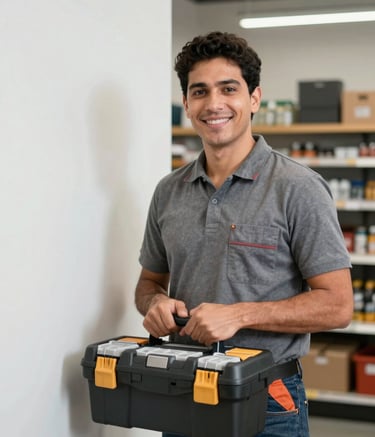 Professional maintenance worker in a modern Latin American retail store, standing near a clean white wall, holding a professional tool kit, smiling confidently.