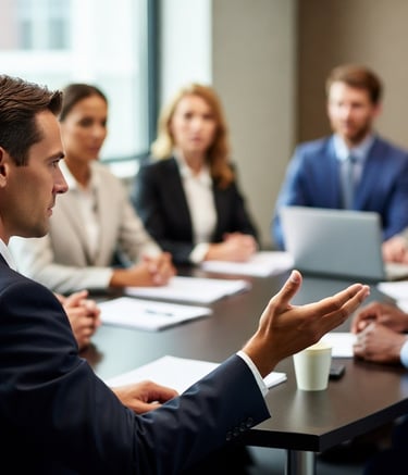 Professional business team in a corporate board meeting discussing strategy around a conference table.