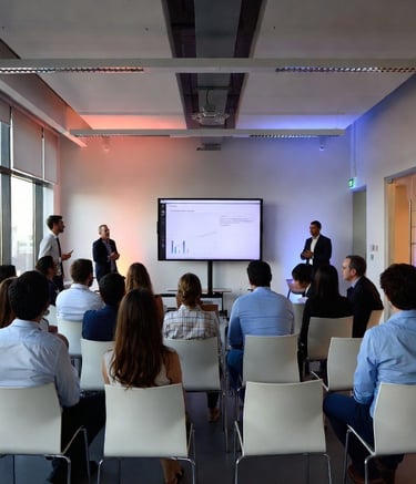 Professional business presentation in a modern office conference room with data charts on a digital screen.
