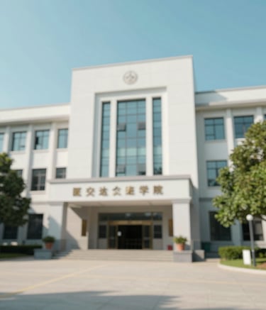 An architectural shot of a prestigious medical college entrance, symbolizing success and aspiration. The building is clean and modern, with greenery. The sky is a clear #4F7F8F blue, creating a sense of clarity and hope.